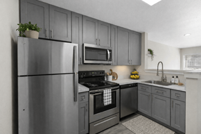 Bellevue apartment for rent - A modern kitchen with a stainless steel refrigerator and oven.