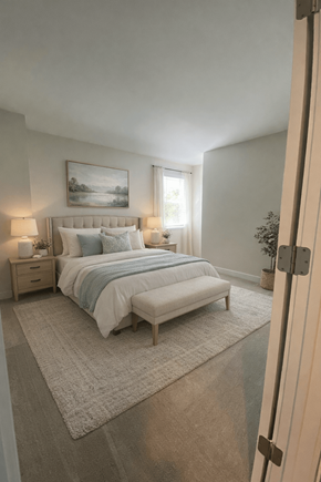 Seattle apartment for rent - A bedroom with a large bed and a painting on the wall.