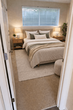 Lynnwood apartment for rent - A bedroom with a large bed and two lamps on side tables.