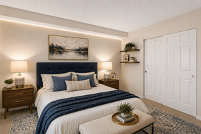 Edmonds apartment for rent - A bedroom with a large bed, a nightstand with a lamp, and a painting on the wall.