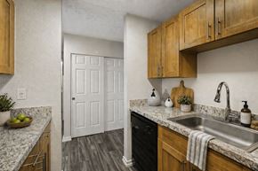 Edmonds apartment for rent - A kitchen with wooden cabinets and a white door.