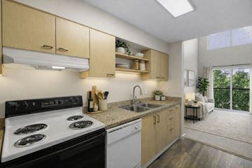 Bellevue apartment for rent - A modern kitchen with a black stove top oven and wooden cabinets.