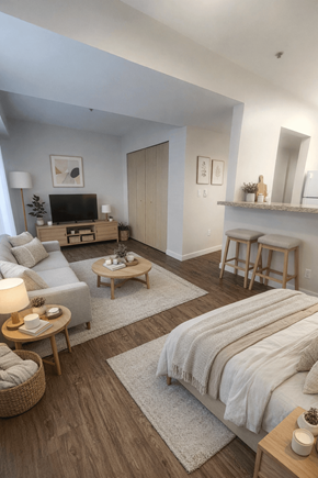 Bellevue apartment for rent - A well-lit, modern bedroom with a large bed and a cozy seating area.