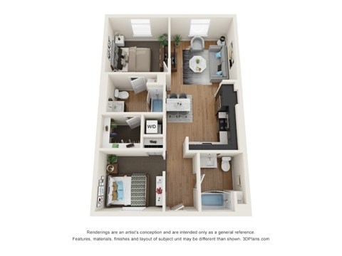 Floor plan for 2 beds, 2 baths, 1050 sqft