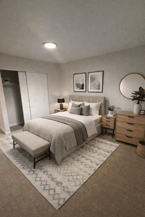 Edmonds apartment for rent - A bedroom with a bed, nightstand, and a rug.