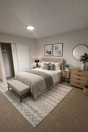 Edmonds apartment for rent - A bedroom with a bed, nightstand, and a rug.