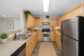 Tacoma apartment for rent - A kitchen with wooden cabinets and a black refrigerator.