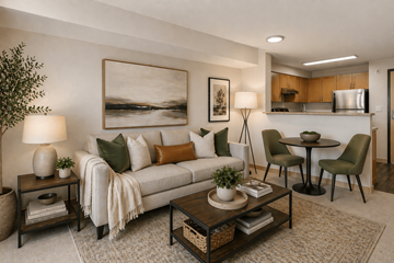 Tacoma apartment for rent - A living room with a couch, a coffee table, and a painting on the wall.