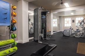Seattle apartment for rent - A gym with a variety of equipment including a squat rack, weights, and a treadmill.