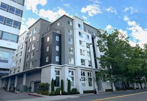 Bellevue apartment for rent - A modern multi-story building with a mix of white and dark grey balconies.