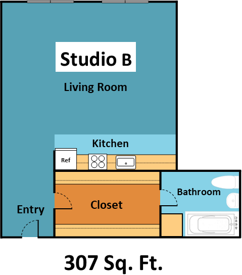 Floor plan for studio, 1 bath, 307 sqft