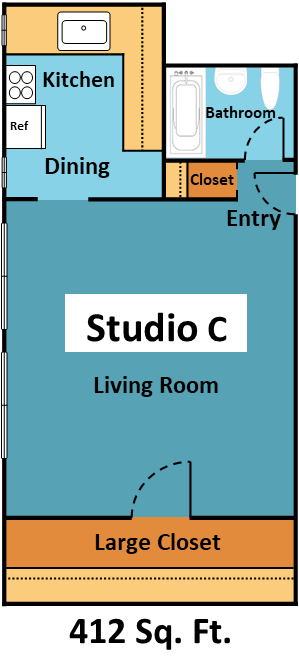 Floor plan for studio, 1 bath, 412 sqft