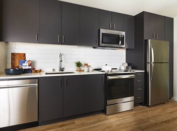 Modern, flat-panel cabinets with under-cabinet lighting