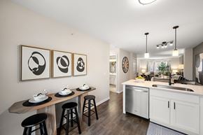 Novi apartment for rent - A kitchen with a white counter and black stools.