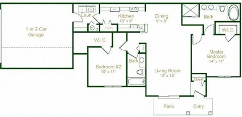 Floor plan for 2 beds, 2 baths, 1236 sqft