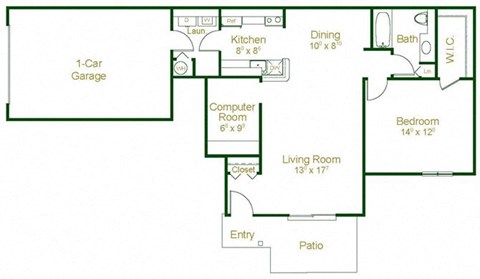 Floor plan for 1 bed, 1 bath, 944 sqft
