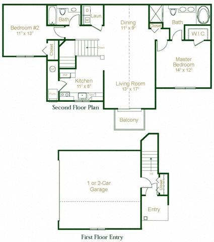 Floor plan for 2 beds, 2 baths, 1287 sqft