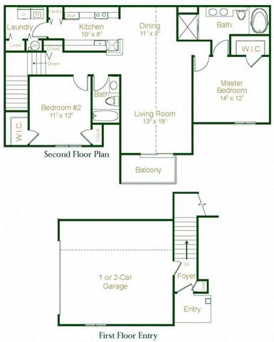 Floor plan for 2 beds, 2 baths, 1329 sqft