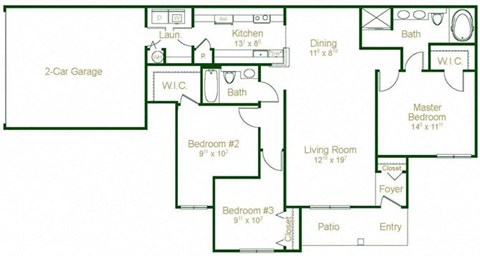 Floor plan for 3 beds, 2 baths, 1405 sqft