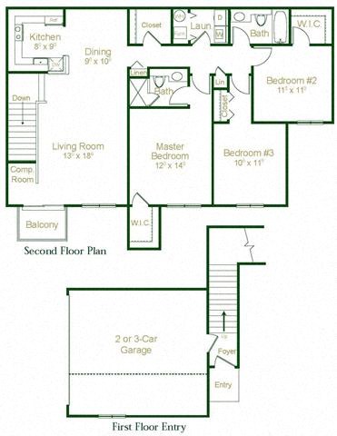 Floor plan for 3 beds, 2 baths, 1390 sqft