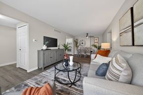 Novi apartment for rent - A living room with a grey sofa, a coffee table, and a television.