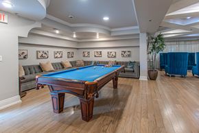 Woodbridge apartment for rent - A pool table in a room with light wood flooring.