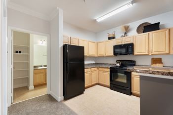 A kitchen with black appliances and wooden cabinets.
