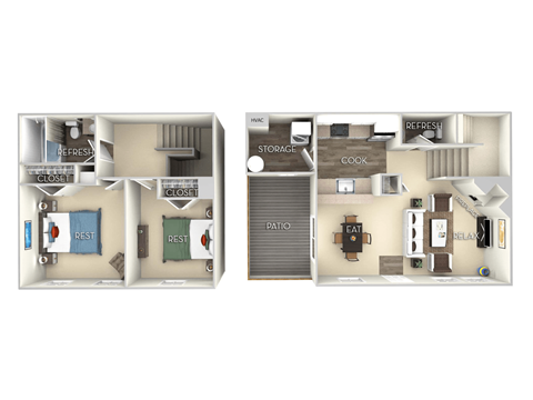 Floor plan for 2 beds, 1.5 baths, 980 sqft