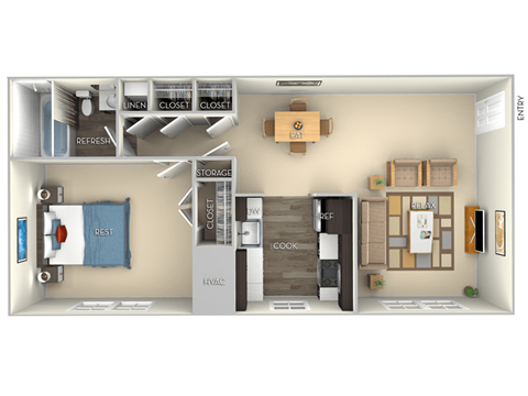 Floor plan for 1 bed, 1 bath, 720 sqft