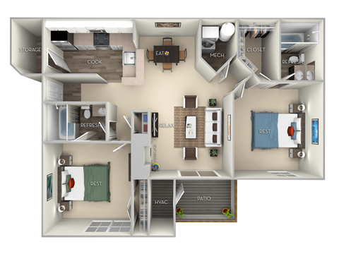 Floor plan for 2 beds, 2 baths, 1012 sqft