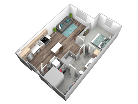 Floor plan for 1 bed, 1 bath, 642 sqft