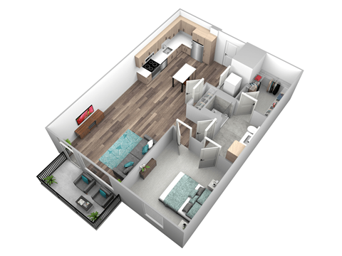 Floor plan for 1 bed, 1 bath, 764 sqft