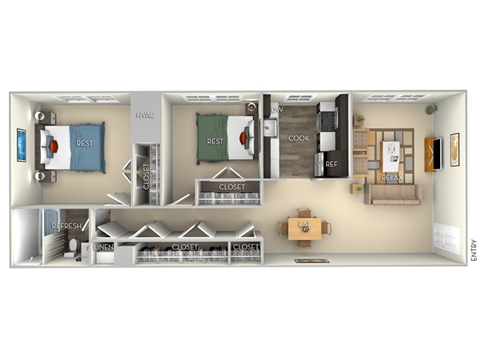 Floor plan for 2 beds, 1 bath, 830 sqft