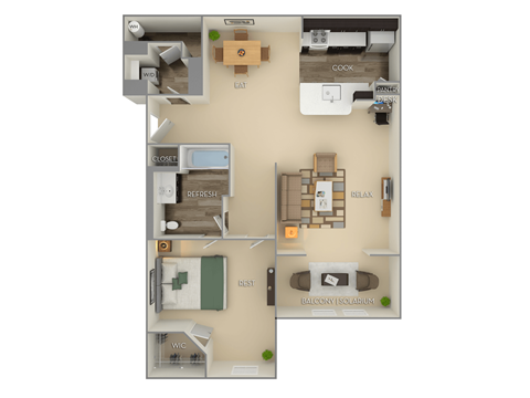 Floor plan for 1 bed, 1 bath, 858 sqft