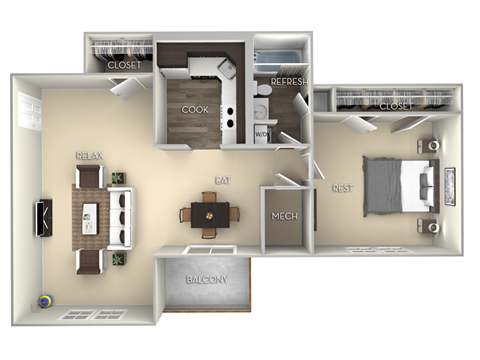 Floor plan for 1 bed, 1 bath, 735 sqft