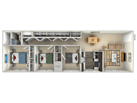 Floor plan for 3 beds, 1 bath, 1035 sqft