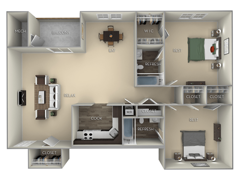 Floor plan for 2 beds, 2 baths, 1069 sqft