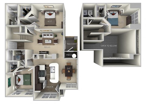 Floor plan for 3 beds, 2 baths, 1436 sqft