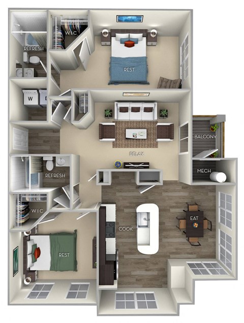 Floor plan for 2 beds, 2 baths, 1184 sqft