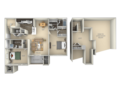 Floor plan for 2 beds, 2 baths, 1305 sqft