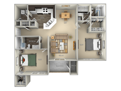 Floor plan for 2 beds, 2 baths, 1110 sqft