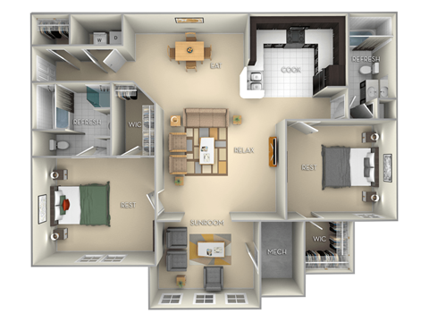 Floor plan for 2 beds, 2 baths, 1251 sqft