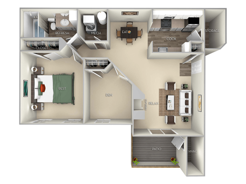 Floor plan for 1 bed, 1 bath, 844 sqft