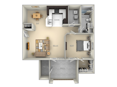 Floor plan for 1 bed, 1 bath, 796 sqft