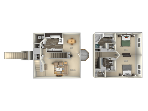 Floor plan for 2 beds, 2 baths, 1148 sqft