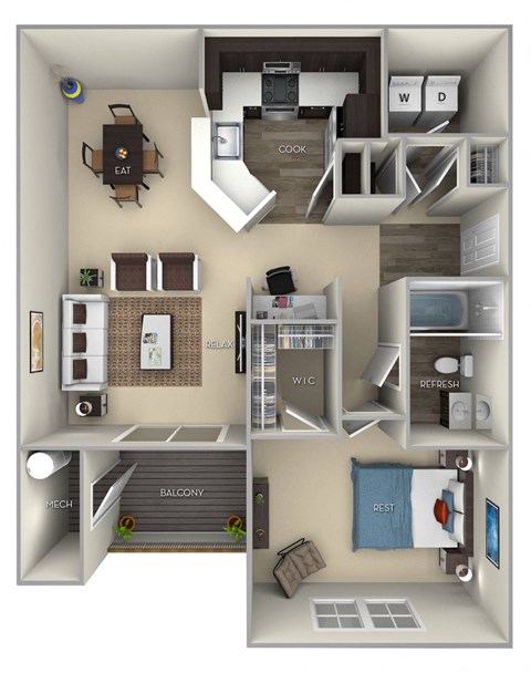 Floor plan for 1 bed, 1 bath, 812 sqft