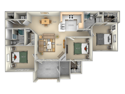 Floor plan for 3 beds, 2 baths, 1355 sqft
