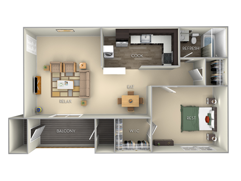 Floor plan for 1 bed, 1 bath, 900 sqft