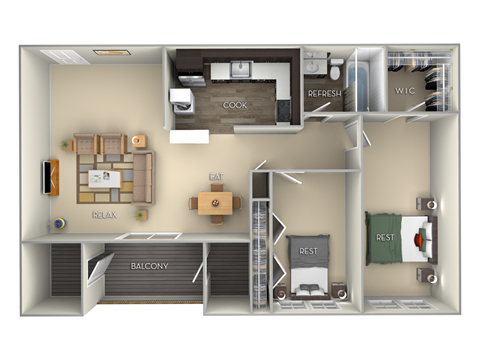 Floor plan for 2 beds, 1 bath, 1100 sqft