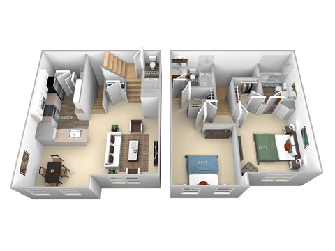 Floor plan for 2 beds, 2.5 baths, 1123 sqft
